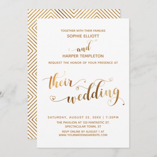 金ゴールドとホワイト結婚のタイポグラフィとハート 招待状 (正面/裏面)