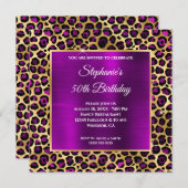 金ゴールドとマゼンタパープルヒョウGLAM 50誕生日 招待状 (正面/裏面)
