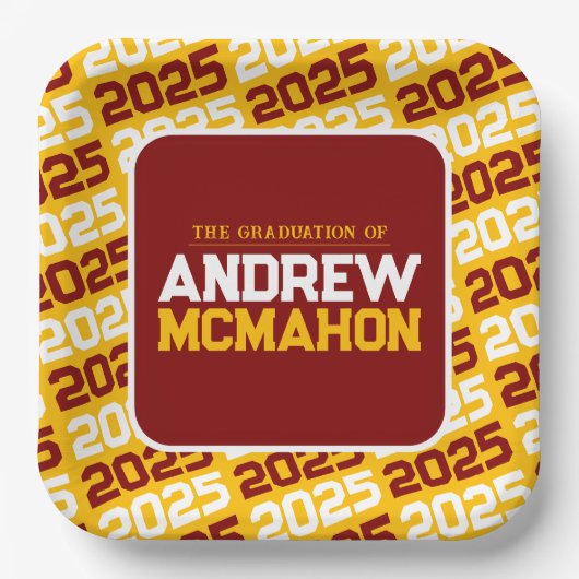金ゴールドとマルーンパーソナライズされた卒業 ペーパープレート (正面)