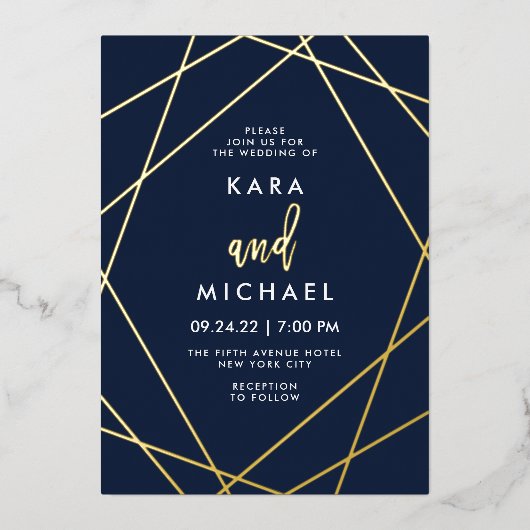 金ゴールドとミッドナイトエレガントブルー幾何結婚図形 箔招待状 (正面)