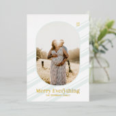 金ゴールドとミントストライプーのクリスマスフォトグリーティング 箔招待状 (立ち正面)