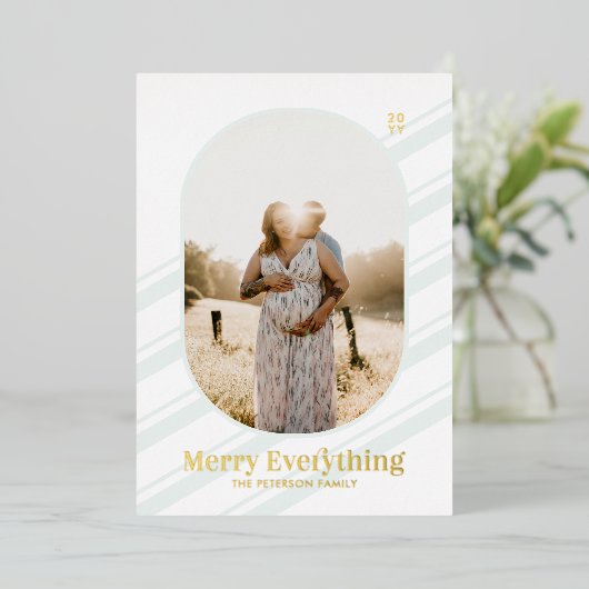 金ゴールドとミントストライプーのクリスマスフォトグリーティング 箔招待状 (立ち正面)