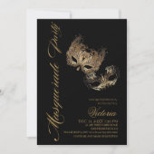 金ゴールドとモダンブラックマスカレードパーティー誕生日 招待状 (正面)