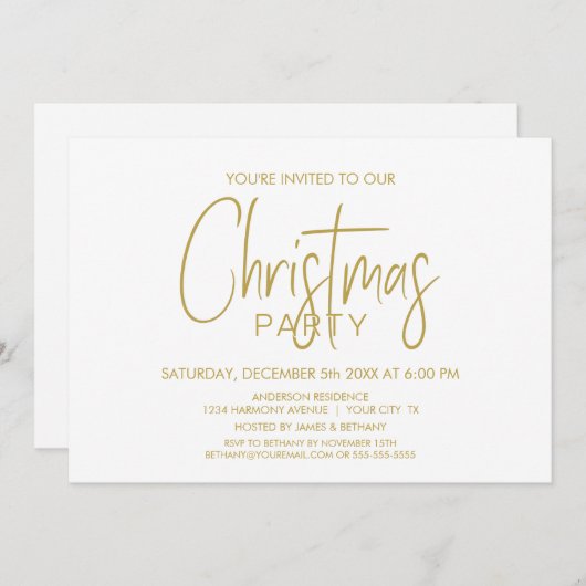 金ゴールドとモダンホワイトクリスマスパーティー 招待状 (正面/裏面)