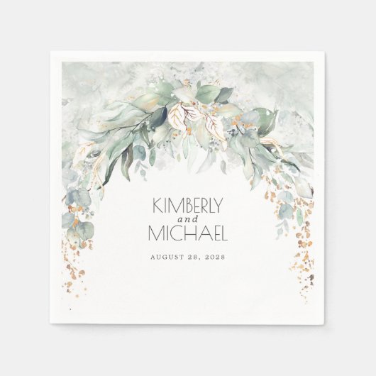 金ゴールドとユーカリ葉プ結婚ス スタンダードカクテルナプキン (正面)