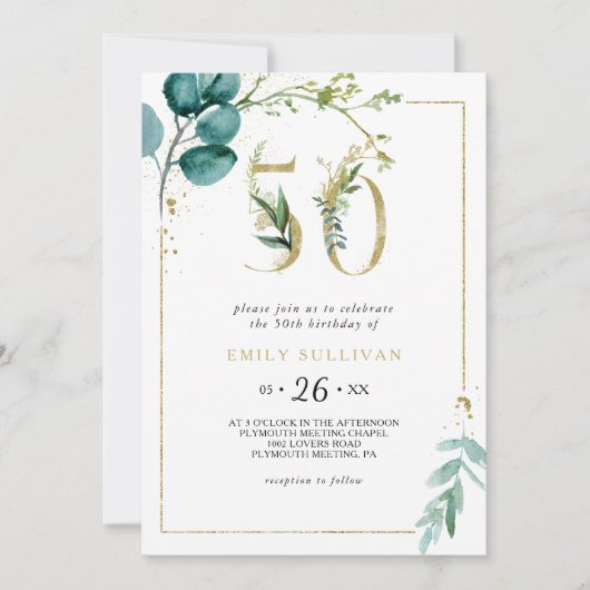 金ゴールドとユーカリ50th誕生日パーティー 招待状 (正面)