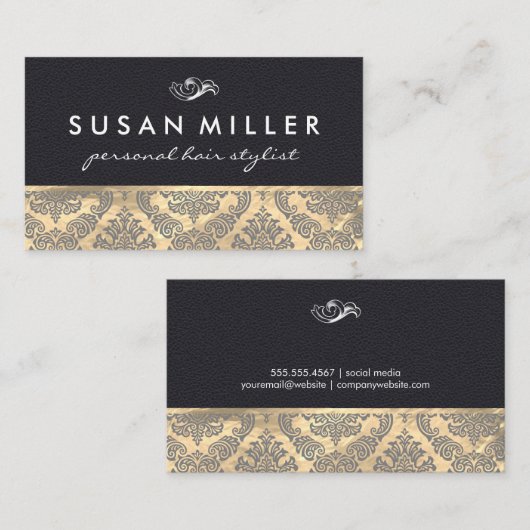 金ゴールドとレザーとダマスク 名刺 (正面/裏面)