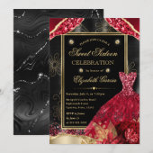 金ゴールドとレッドグリッタードレスSweet sixteen 招待状 (正面/裏面)