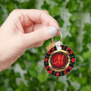 金ゴールドとレッドトランプのポーカーチップデザイン- Monogram Keychain キーホルダー