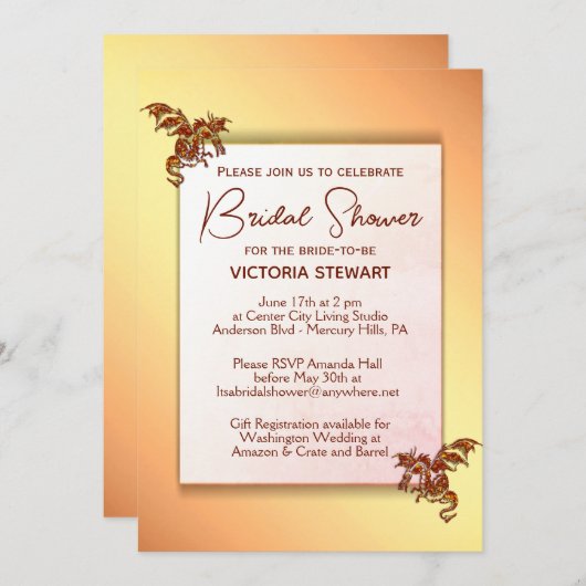 金ゴールドとレッドドラゴンブライダルシャワーの招待 招待状 (正面/裏面)