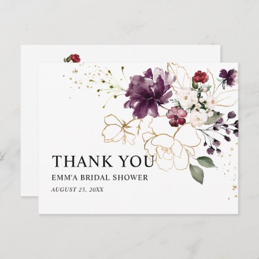 金ゴールドとワインフローラありがとうブライダルシャワー ポストカード (正面/裏面)