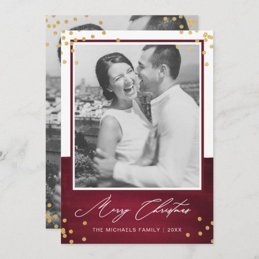 金ゴールドと写真とメリーフェイクスクリスマスレッド シーズンカード (正面/裏面)