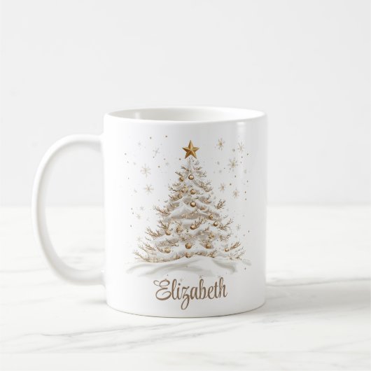 金ゴールドと名前の付いた白いクリスマスツリー コーヒーマグカップ (左)
