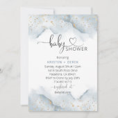 金ゴールドと埃っぽい青い水色のベビーシャワー 招待状 (正面)