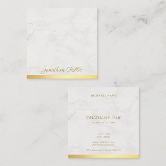 金ゴールドと大理石のエレガントハンドスクリプト文字豪華 スクエア名刺 (正面/裏面)