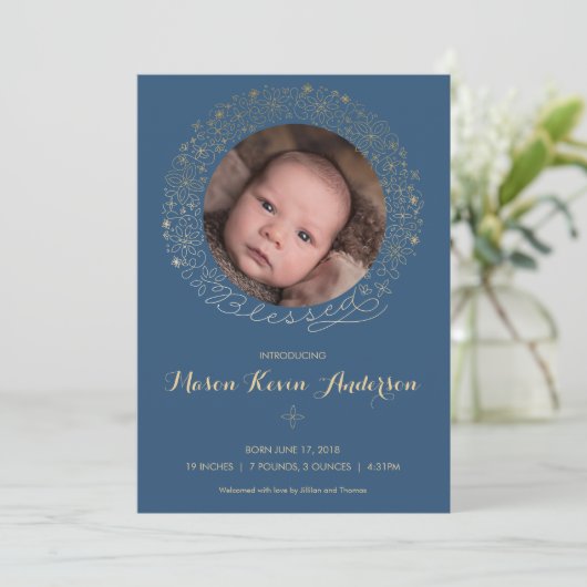 金ゴールドと宗教男の子の写真の誕生の発表- 案内状 (スタンド正面)