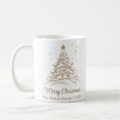 金ゴールドと家族名の白いクリスマスツリー コーヒーマグカップ (左)