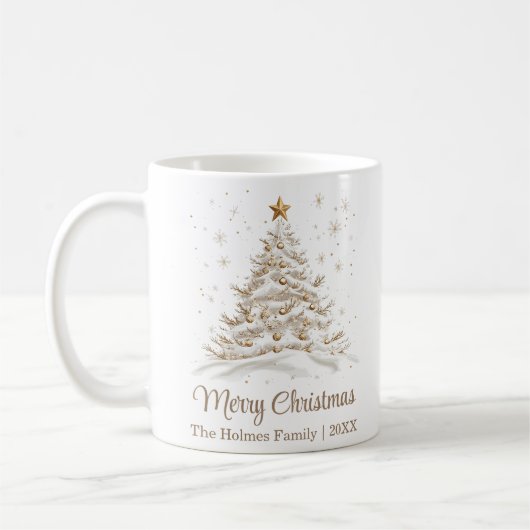 金ゴールドと家族名の白いクリスマスツリー コーヒーマグカップ (左)