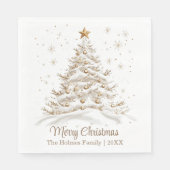 金ゴールドと家族名の白いクリスマスツリー スタンダードランチョンナプキン (正面)