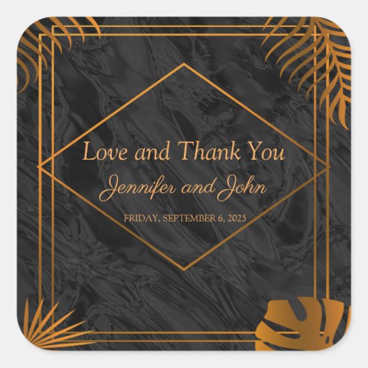 金ゴールドと幾何学模様のトロピカル結婚 スクエアシール (正面)