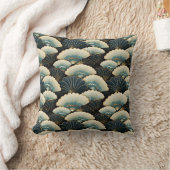 金ゴールドと日本のティール（緑がかった色）インスパイアファンパターン（の模様が）ある クッション (ブランケット)