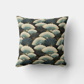 金ゴールドと日本のティール（緑がかった色）インスパイアファンパターン（の模様が）ある クッション (裏面)