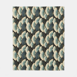 金ゴールドと日本のティール（緑がかった色）インスパイアファンパターン（の模様が）ある フリースブランケット