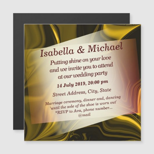 金ゴールドと暗い曲線または黄色がかった金属 マグネット招待状 (正面/裏面)