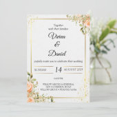 金ゴールドと桃の花結婚式招待状 招待状 (スタンド正面)