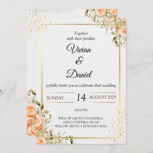 金ゴールドと桃の花結婚式招待状 招待状 (正面/裏面)