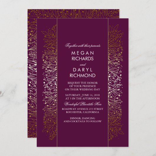 金ゴールドと梅ヴィンテージ赤ちゃんの息結婚の 招待状 (正面/裏面)