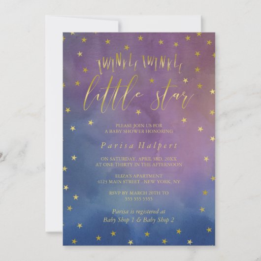 金ゴールドと水の色twinkle小さな星の赤ちゃんシャワー 招待状 (正面)