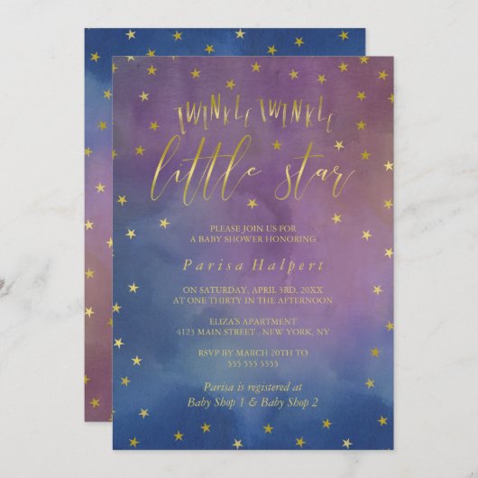 金ゴールドと水の色twinkle小さな星の赤ちゃんシャワー 招待状 (正面/裏面)