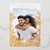 金ゴールドと水色クリスマスベリーのフォトフレーム 箔シーズンカード (正面)