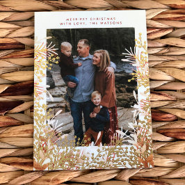 金ゴールドと水色クリスマスベリーのフォトフレーム 箔シーズンカード