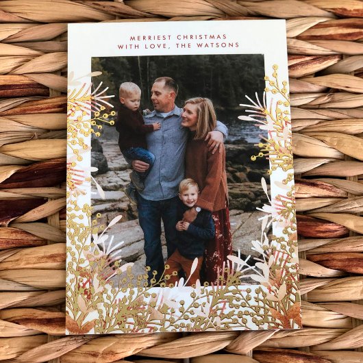 金ゴールドと水色クリスマスベリーのフォトフレーム 箔シーズンカード