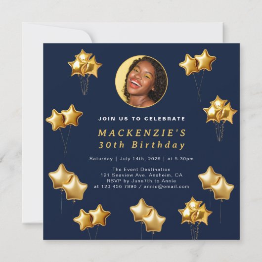 金ゴールドと海軍のサプライズ任意の年齢の誕生日パーティー 招待状 (裏面)