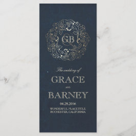金ゴールドと海軍のフローラヴィンテージ結婚式プログラム プログラム