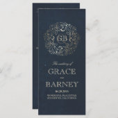 金ゴールドと海軍のフローラヴィンテージ結婚式プログラム プログラム (正面/裏面)