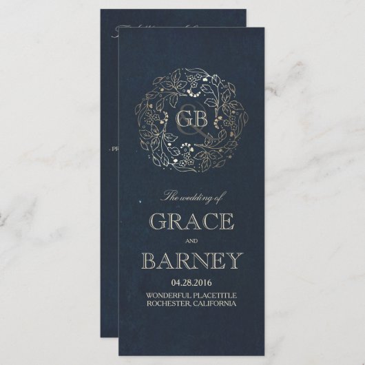 金ゴールドと海軍のフローラヴィンテージ結婚式プログラム プログラム (正面/裏面)