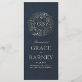 金ゴールドと海軍のフローラヴィンテージ結婚式プログラム プログラム (正面)