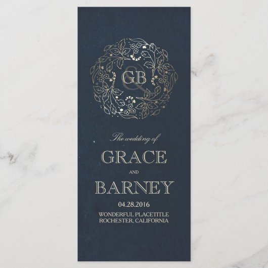 金ゴールドと海軍のフローラヴィンテージ結婚式プログラム プログラム (正面)