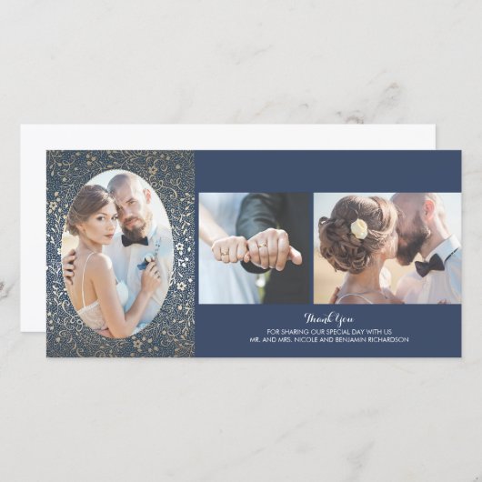 金ゴールドと海軍のフローラ写真結婚の感謝 サンキューカード (正面/裏面)