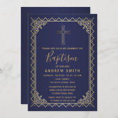 金ゴールドと海軍のヴィンテージ書道の洗礼 招待状 (正面/裏面)