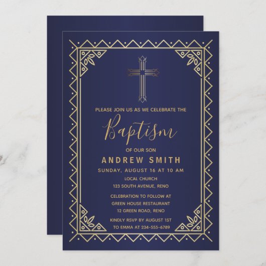 金ゴールドと海軍のヴィンテージ書道の洗礼 招待状 (正面/裏面)