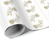 金ゴールドと海軍の花模様ストライプギフト ラッピングペーパー (ロールコーナー)