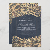 金ゴールドと海軍の葉のエレガントな誕生日パーティー 招待状 (正面/裏面)