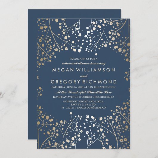 金ゴールドと海軍の赤ちゃんの息のリハーサルディナー 招待状 (正面/裏面)