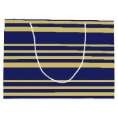 金ゴールドと海軍ストライプパターン（の模様が）ある ラージペーパーバッグ (裏面)