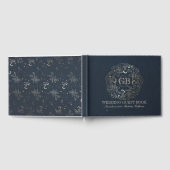 金ゴールドと海軍フローラリースヴィンテージウェディング ゲストブック (全面)